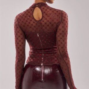 AKIRA Burgundy Sheer Beaded Long-Sleeve Top